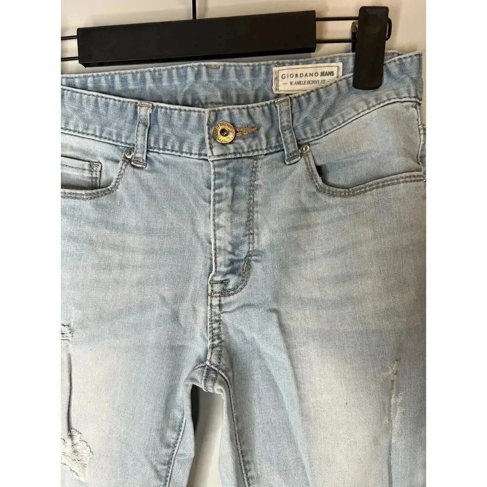 Giordano Jeans Sz 26 Skinny Ankle Fit Blue Distressed Raw Hem Mid Rise Pants - Picture 4 of 8
